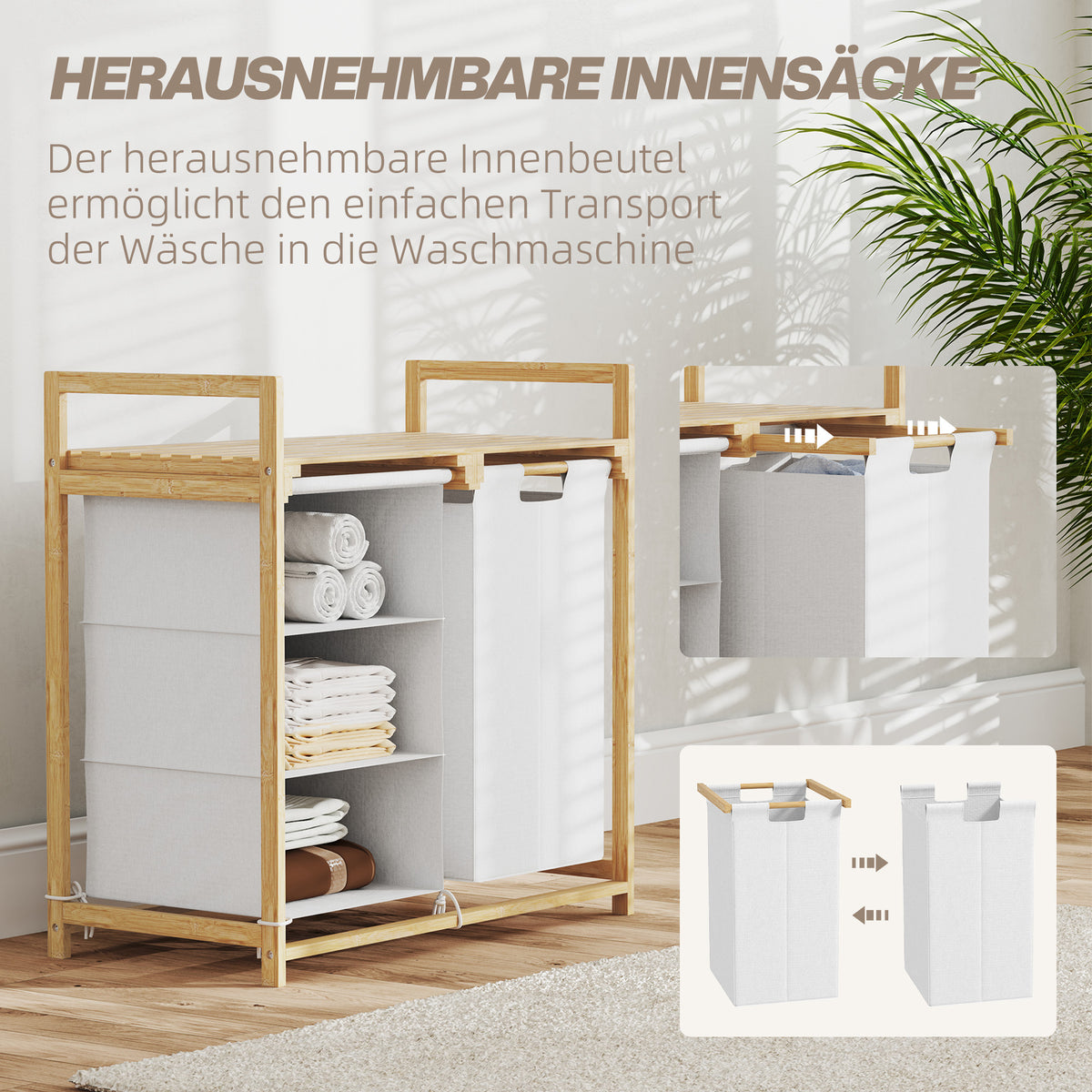 Laundry basket 4 compartments laundry collector with 2 pull-out & removable laundry bags made of non-woven fabric, shelf 83L laundry box with handle laundry sorter 70 x 36 x 70 cm bamboo white