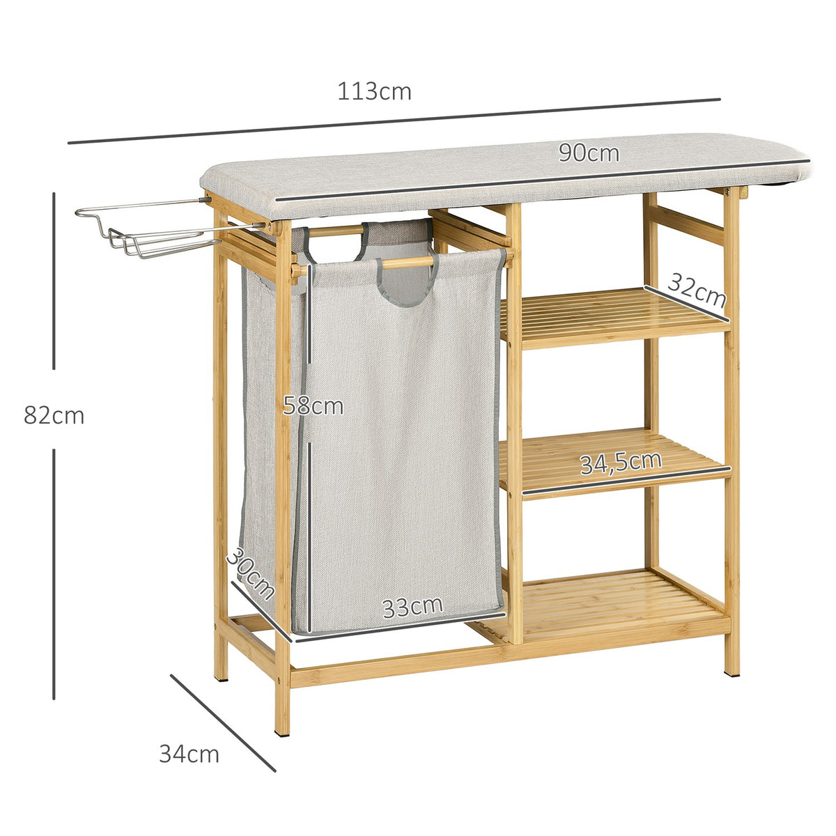 Laundry basket 57.4 L laundry basket with ironing board, iron, laundry box with 3-tier shelf, extendable and removable bag