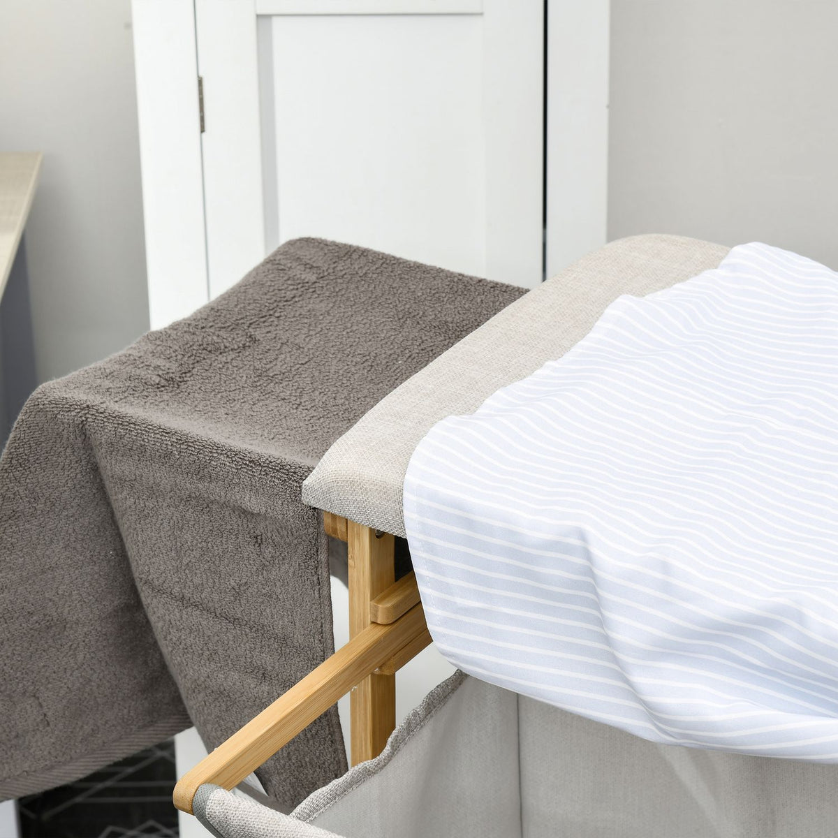 Laundry basket 57.4 L laundry basket with ironing board, iron, laundry box with 3-tier shelf, extendable and removable bag