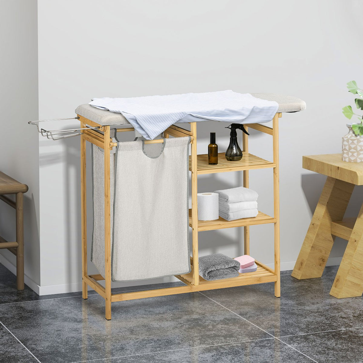 Laundry basket 57.4 L laundry basket with ironing board, iron, laundry box with 3-tier shelf, extendable and removable bag