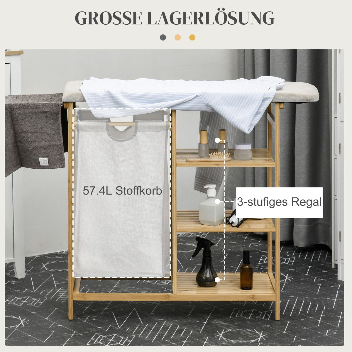 Laundry basket 57.4 L laundry basket with ironing board, iron, laundry box with 3-tier shelf, extendable and removable bag