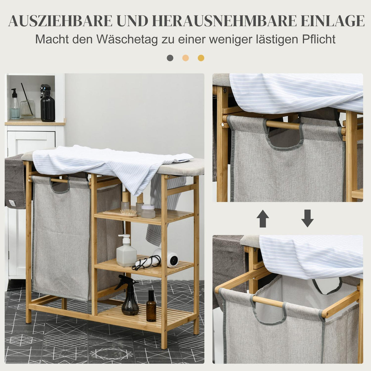 Laundry basket 57.4 L laundry basket with ironing board, iron, laundry box with 3-tier shelf, extendable and removable bag