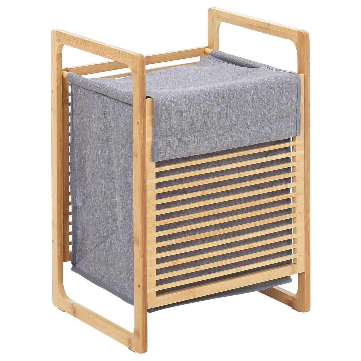 Laundry basket with lid, laundry collector, laundry box with washable laundry bag, cloth bag, bamboo, polyester, natural + gray, 40x35x60.5cm
