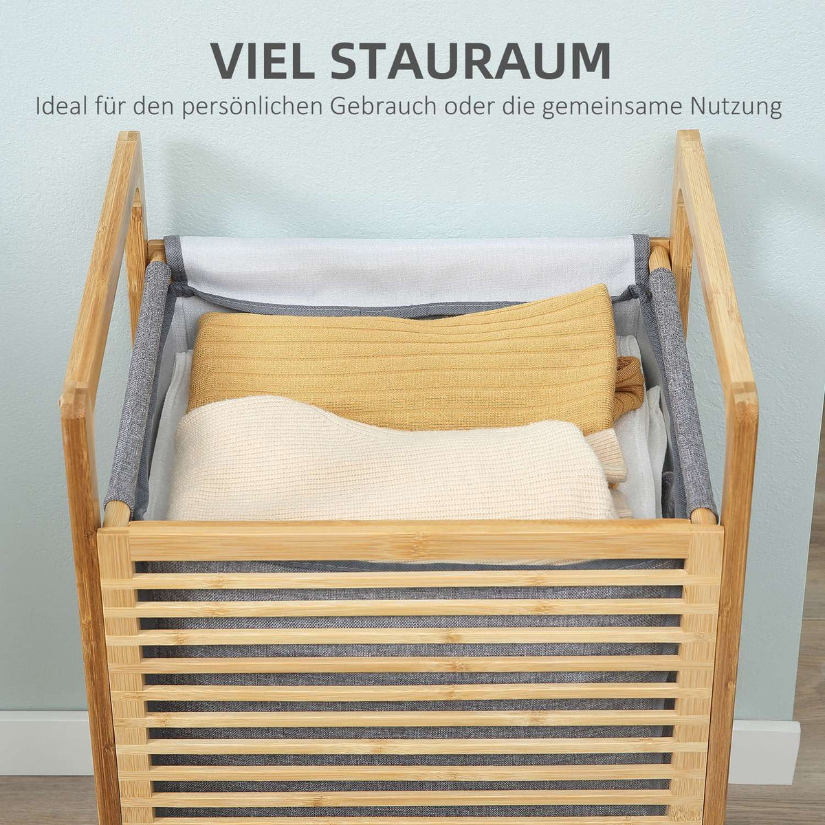 Laundry basket with lid, laundry collector, laundry box with washable laundry bag, cloth bag, bamboo, polyester, natural + gray, 40x35x60.5cm