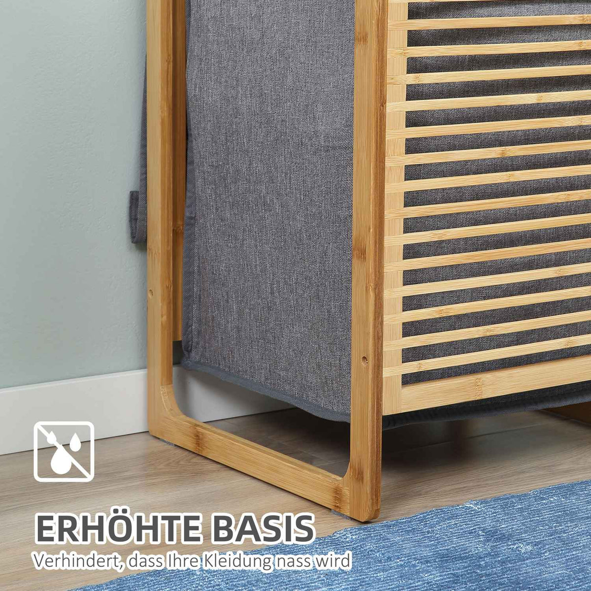 Laundry basket with lid, laundry collector, laundry box with washable laundry bag, cloth bag, bamboo, polyester, natural + gray, 40x35x60.5cm