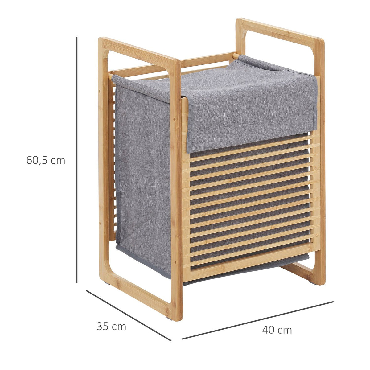 Laundry basket with lid, laundry collector, laundry box with washable laundry bag, cloth bag, bamboo, polyester, natural + gray, 40x35x60.5cm