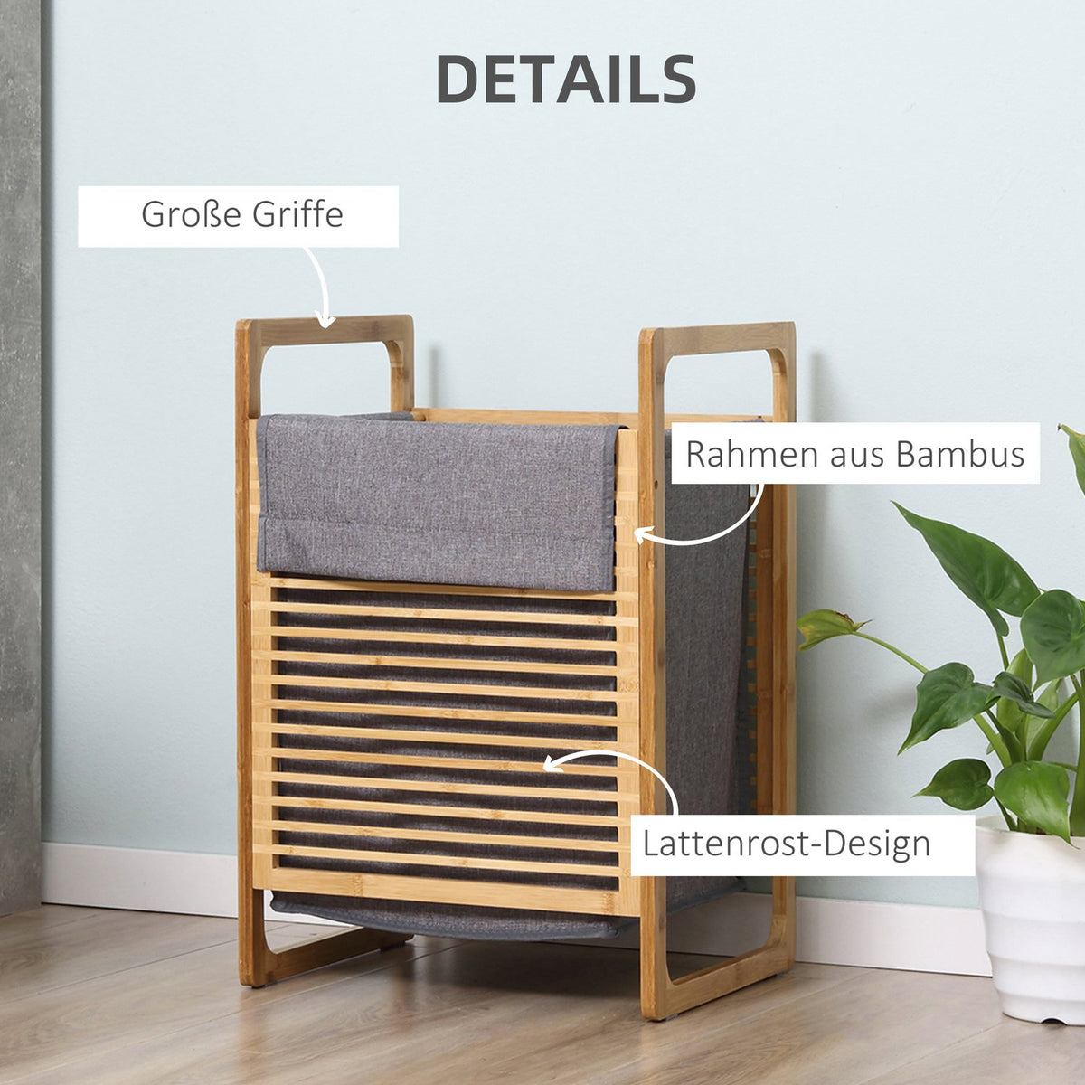 Laundry basket with lid, laundry collector, laundry box with washable laundry bag, cloth bag, bamboo, polyester, natural + gray, 40x35x60.5cm