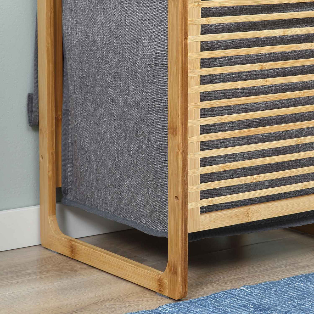 Laundry basket with lid, laundry collector, laundry box with washable laundry bag, cloth bag, bamboo, polyester, natural + gray, 40x35x60.5cm