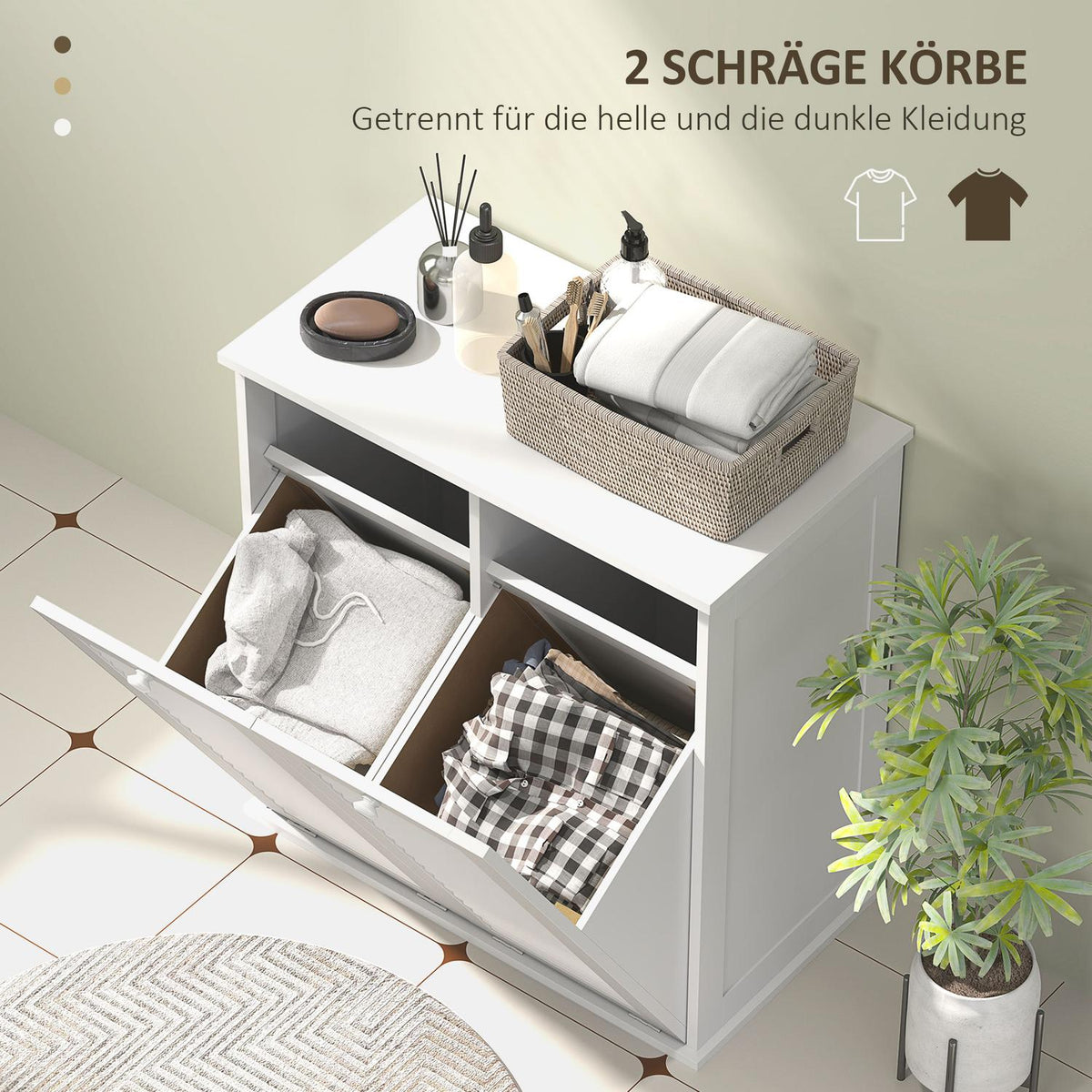 Laundry cabinet, bathroom cabinet with 2 laundry baskets, bathroom cabinet with handles, slatted doors, laundry basket, bathroom furniture for bathroom, 70 x 38 x 73 cm, white