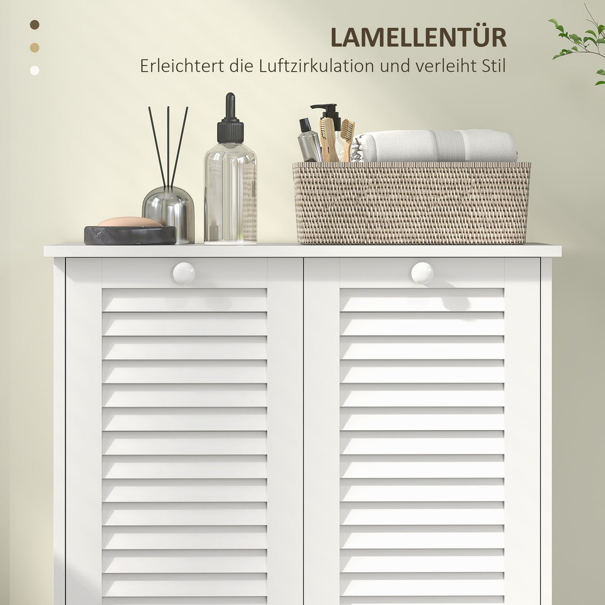 Laundry cabinet, bathroom cabinet with 2 laundry baskets, bathroom cabinet with handles, slatted doors, laundry basket, bathroom furniture for bathroom, 70 x 38 x 73 cm, white