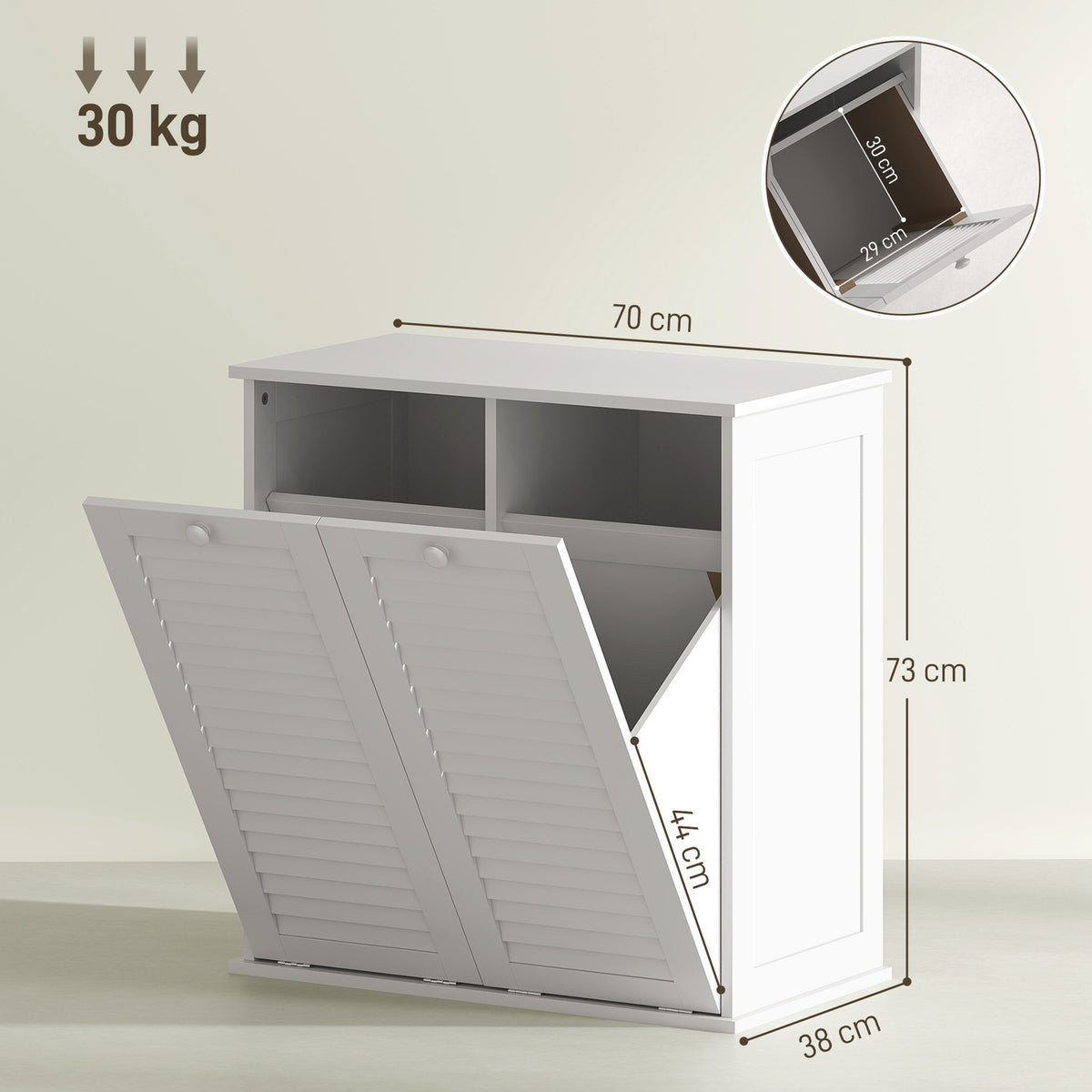 Laundry cabinet, bathroom cabinet with 2 laundry baskets, bathroom cabinet with handles, slatted doors, laundry basket, bathroom furniture for bathroom, 70 x 38 x 73 cm, white