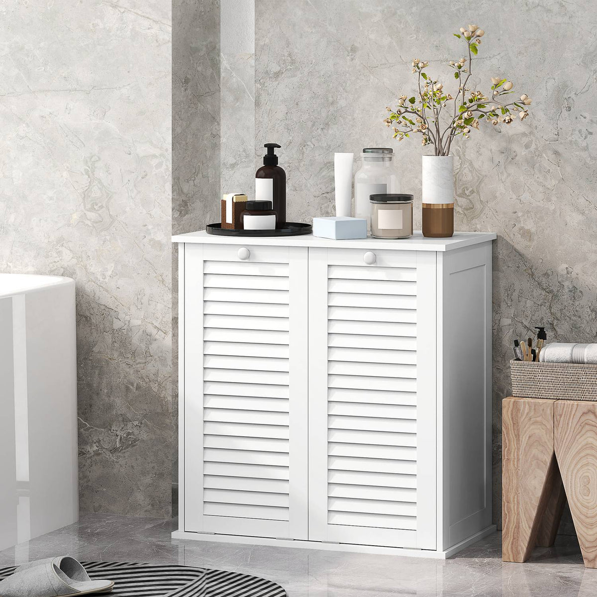 Laundry cabinet, bathroom cabinet with 2 laundry baskets, bathroom cabinet with handles, slatted doors, laundry basket, bathroom furniture for bathroom, 70 x 38 x 73 cm, white