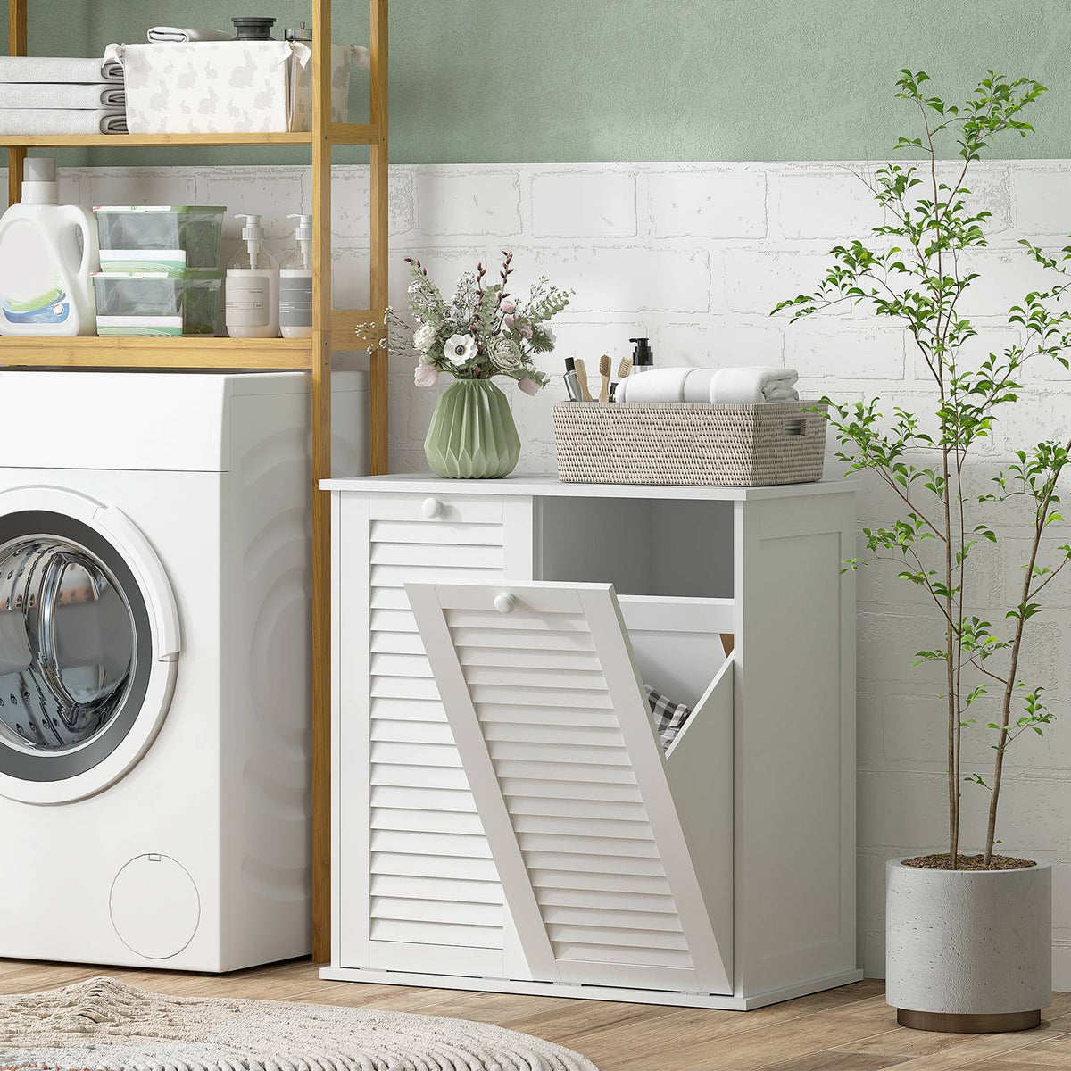 Laundry cabinet, bathroom cabinet with 2 laundry baskets, bathroom cabinet with handles, slatted doors, laundry basket, bathroom furniture for bathroom, 70 x 38 x 73 cm, white