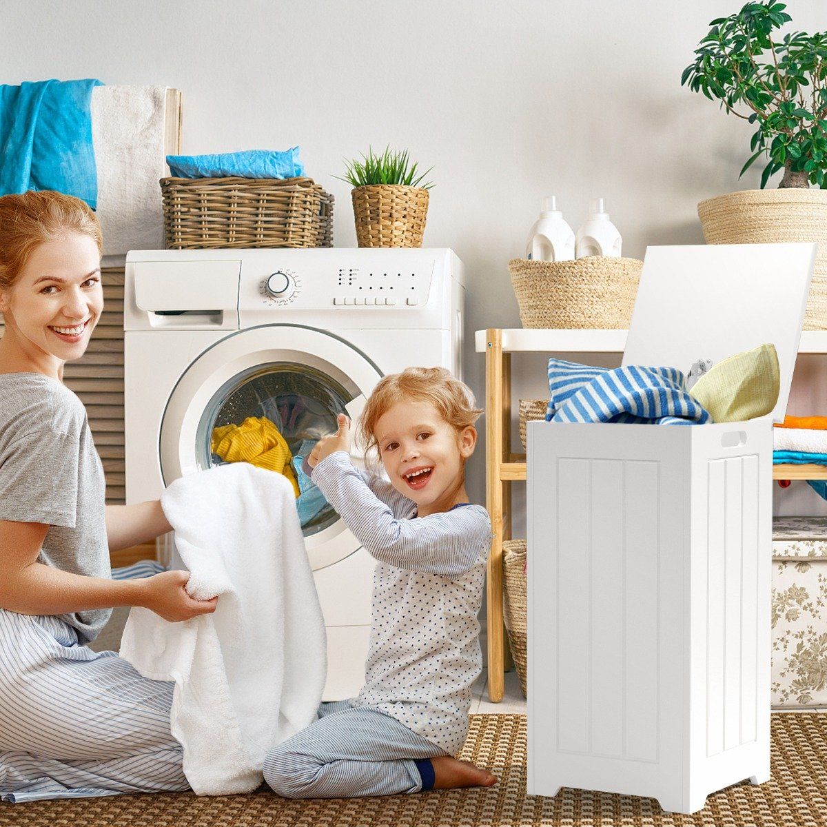 Laundry cabinet freestanding laundry chest wooden laundry collector with lid storage cabinet bathroom bathroom cabinet white