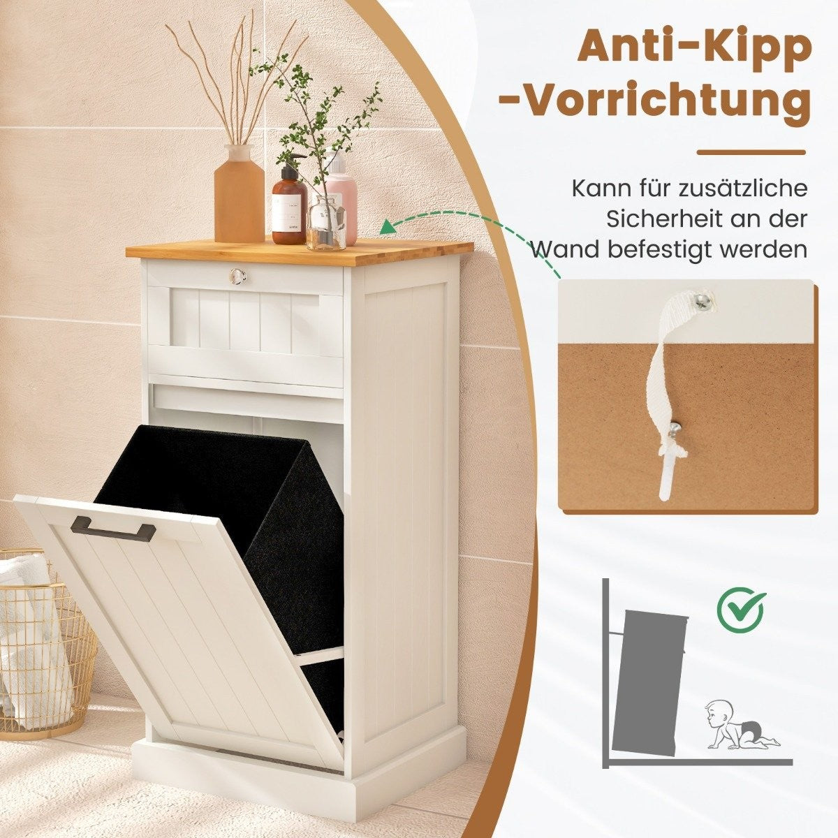 Laundry cupboard with basket free-standing fold-out laundry basket with drawer white