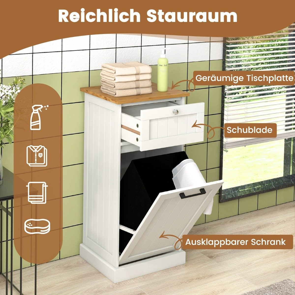 Laundry cupboard with basket free-standing fold-out laundry basket with drawer white