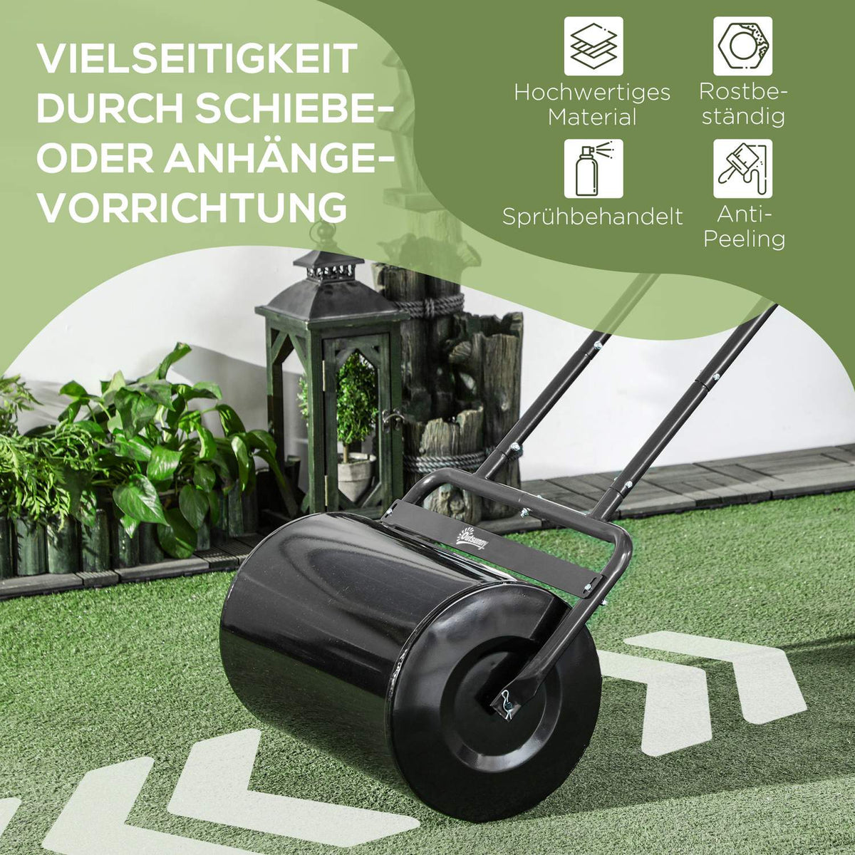 Lawn Roller With U-Handle, Garden Roller, 32Cm Diameter, 38L Water/62Kg Sand, Metal, Black, 57X32.5X107Cm