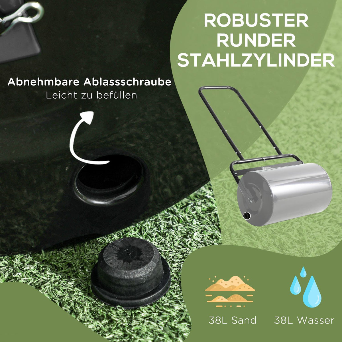 Lawn Roller With U-Handle, Garden Roller, 32Cm Diameter, 38L Water/62Kg Sand, Metal, Black, 57X32.5X107Cm