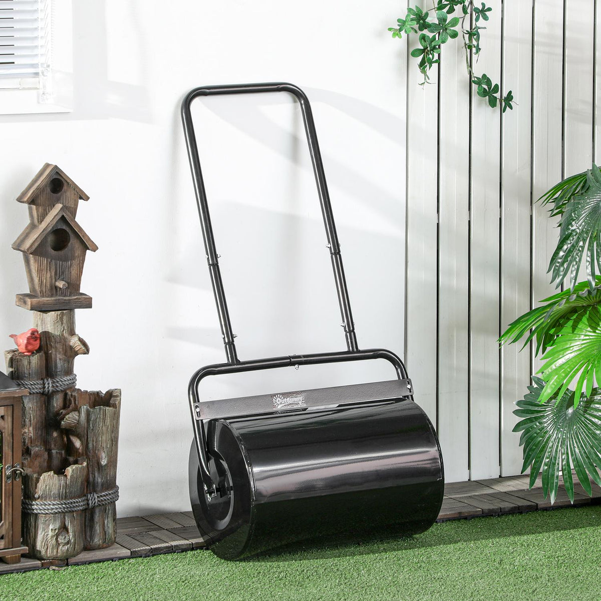 Lawn Roller With U-Handle, Garden Roller, 32Cm Diameter, 38L Water/62Kg Sand, Metal, Black, 57X32.5X107Cm