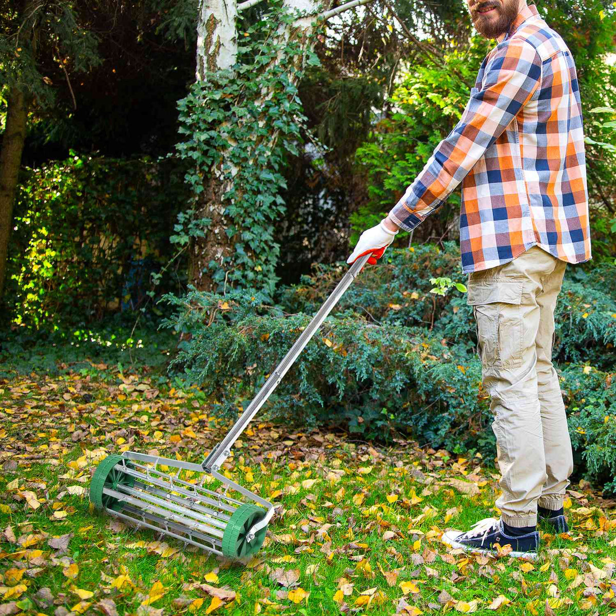Lawn aerator, handle length, adjustable hand scarifier, lawn aeration, spiked roller lawn, rolling lawn aerator, maintain garden