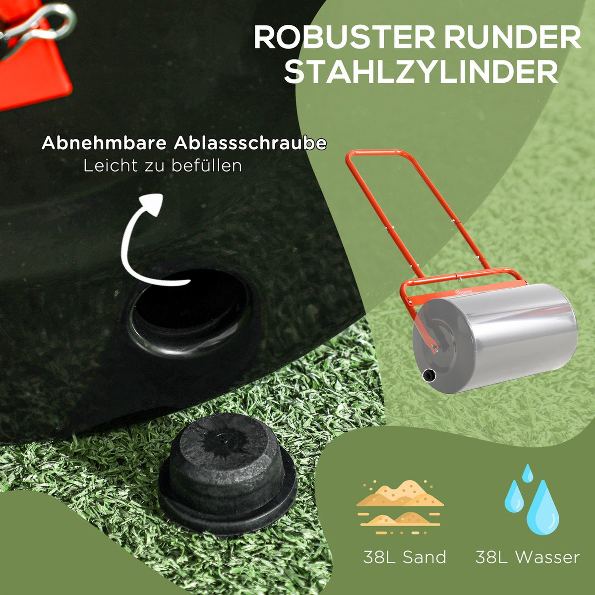 Lawn roller 50cm wide, garden roller can be filled with 38L water/62kg sand, hand roller with U-shaped handle, lawn roller made of steel, field roller, red
