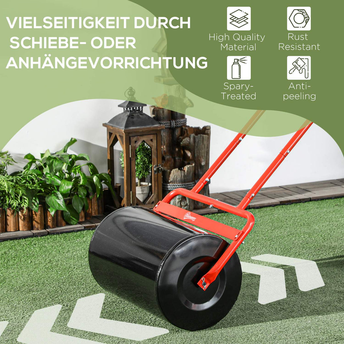 Lawn roller 50cm wide, garden roller can be filled with 38L water/62kg sand, hand roller with U-shaped handle, lawn roller made of steel, field roller, red