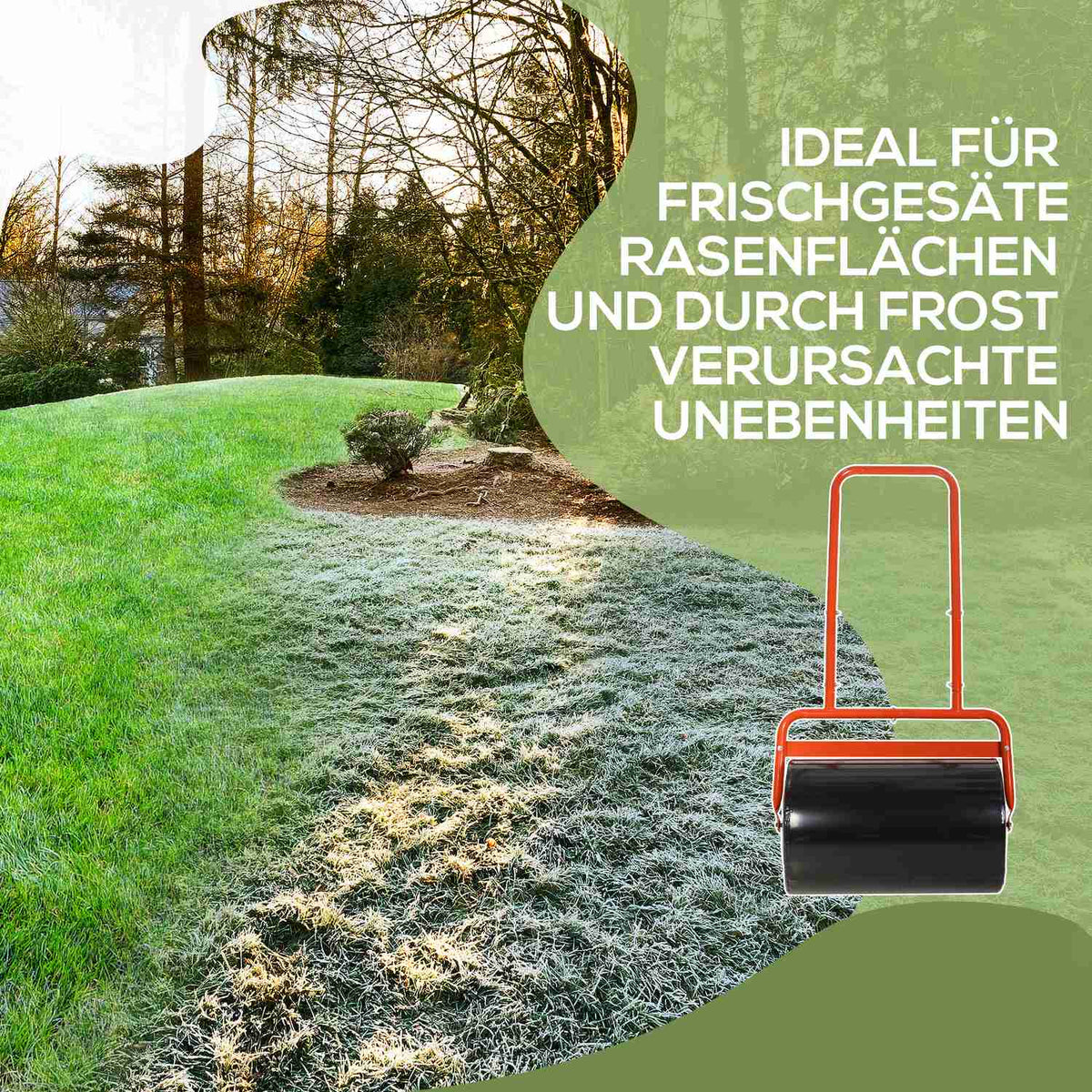 Lawn roller 50cm wide, garden roller can be filled with 38L water/62kg sand, hand roller with U-shaped handle, lawn roller made of steel, field roller, red