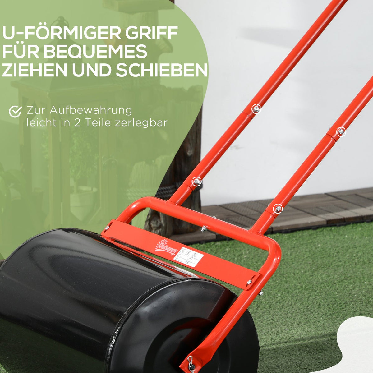 Lawn roller 50cm wide, garden roller can be filled with 38L water/62kg sand, hand roller with U-shaped handle, lawn roller made of steel, field roller, red