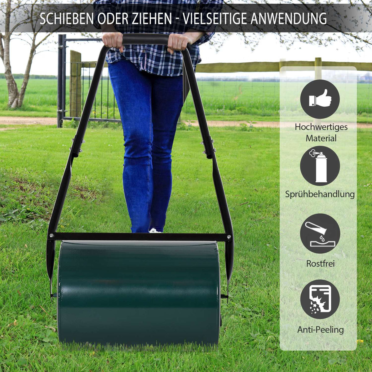 Lawn roller garden roller garden roller with U-handle 31 cm diameter 30 cm working width 40 L water/sand filling metal green
