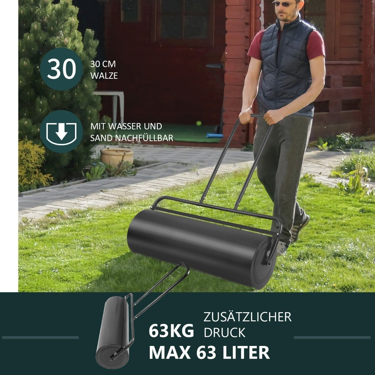 Lawn roller steel lawn roller with heavy-duty drum 114 x 90 x 30 cm black