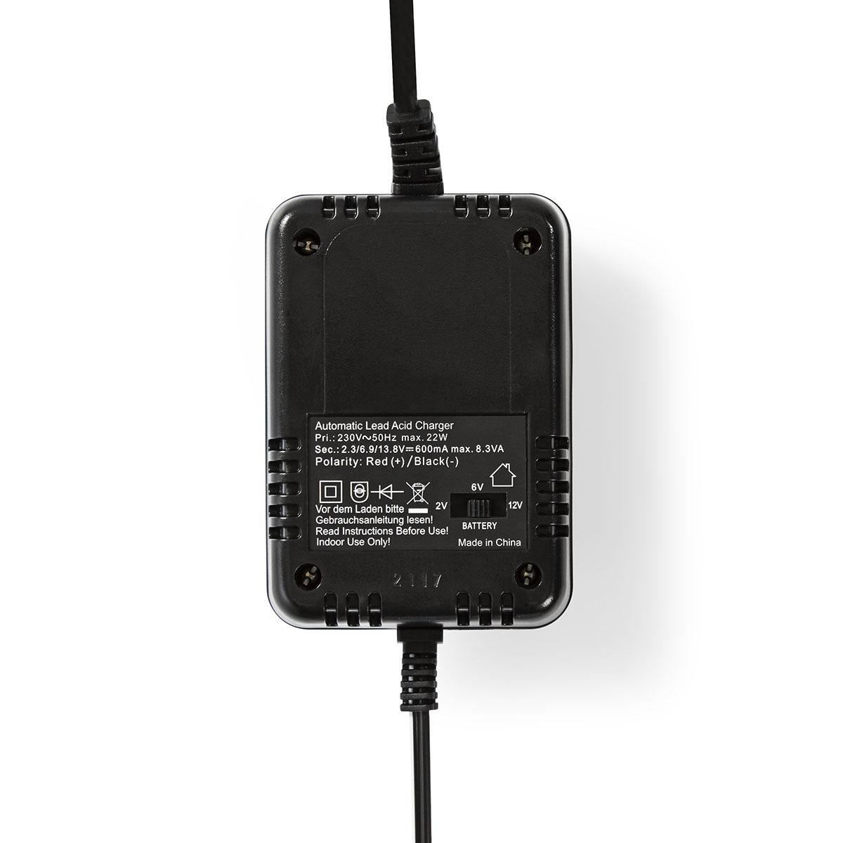 Lead Acid Battery Charger | 2.3 / 6.9 / 13.8 V DC | 0.6 A| Maintenance charge | Euro / Type C (CEE 7/16) | Battery Clamps | Battery type energy: AGM / Lead-acid / Gel / SLA / VRLA | Black