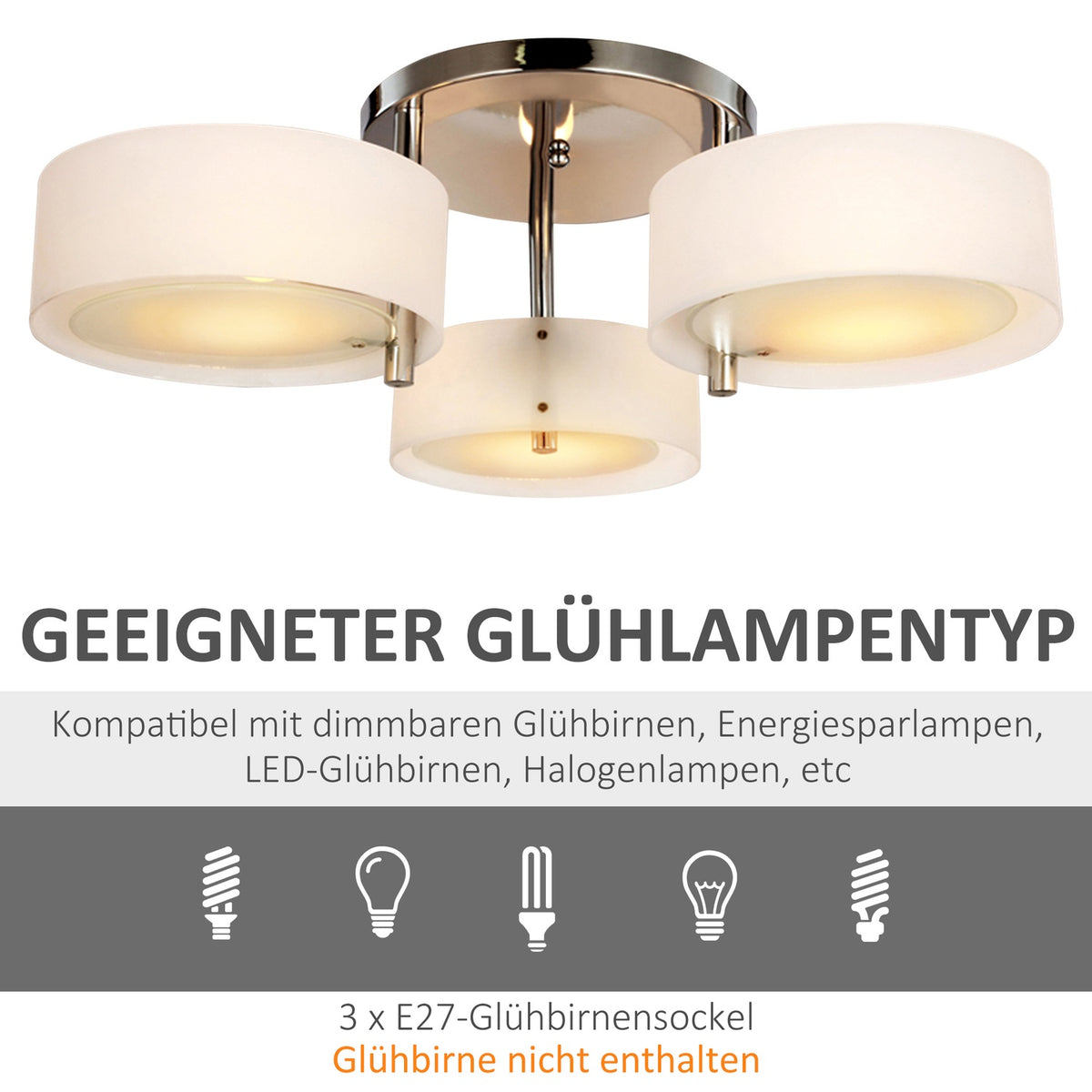Led Ceiling Light 3-Bulb, E27 40W, Chrome Acrylic, Warm White, Ø64Xh20Cm