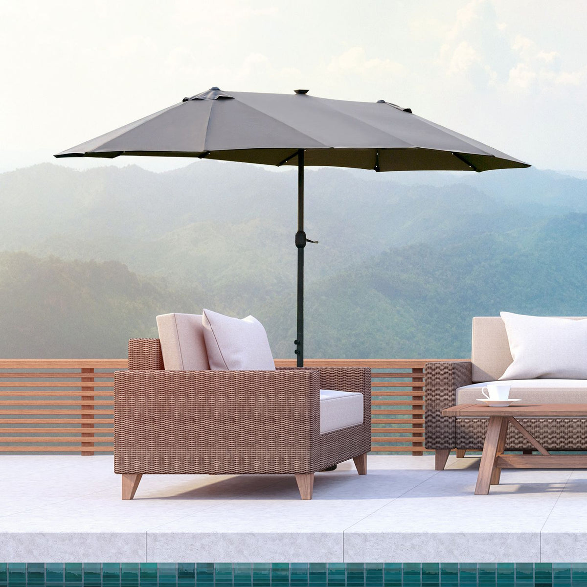 Led Double Parasol Large Garden Umbrella 440X260Cm, Hand Crank, Oval, Metal, Dark Gray