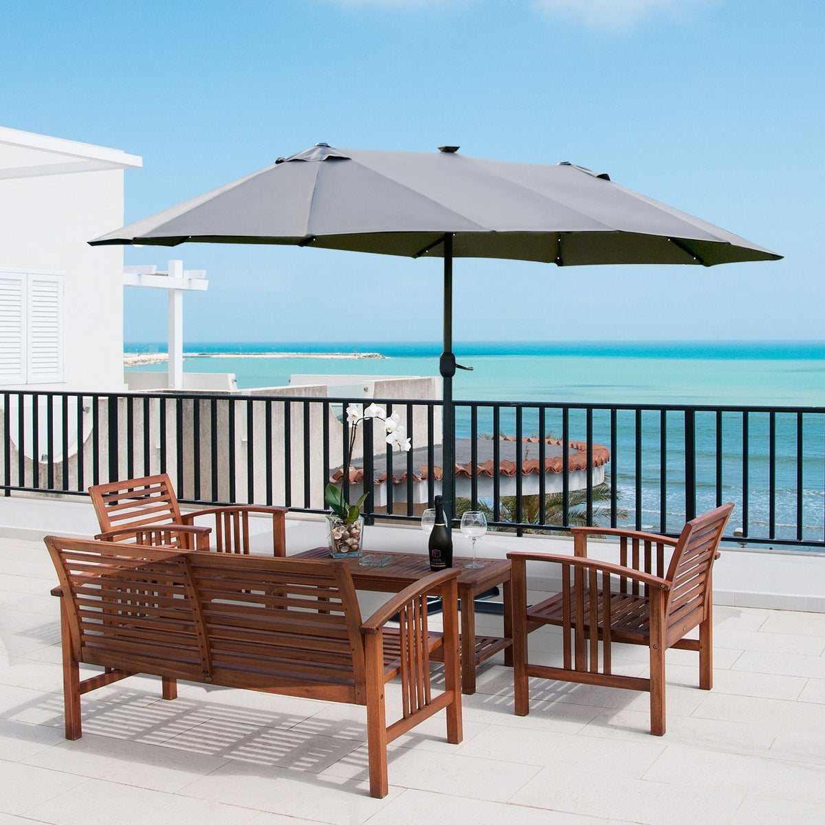 Led Double Parasol Large Garden Umbrella 440X260Cm, Hand Crank, Oval, Metal, Dark Gray