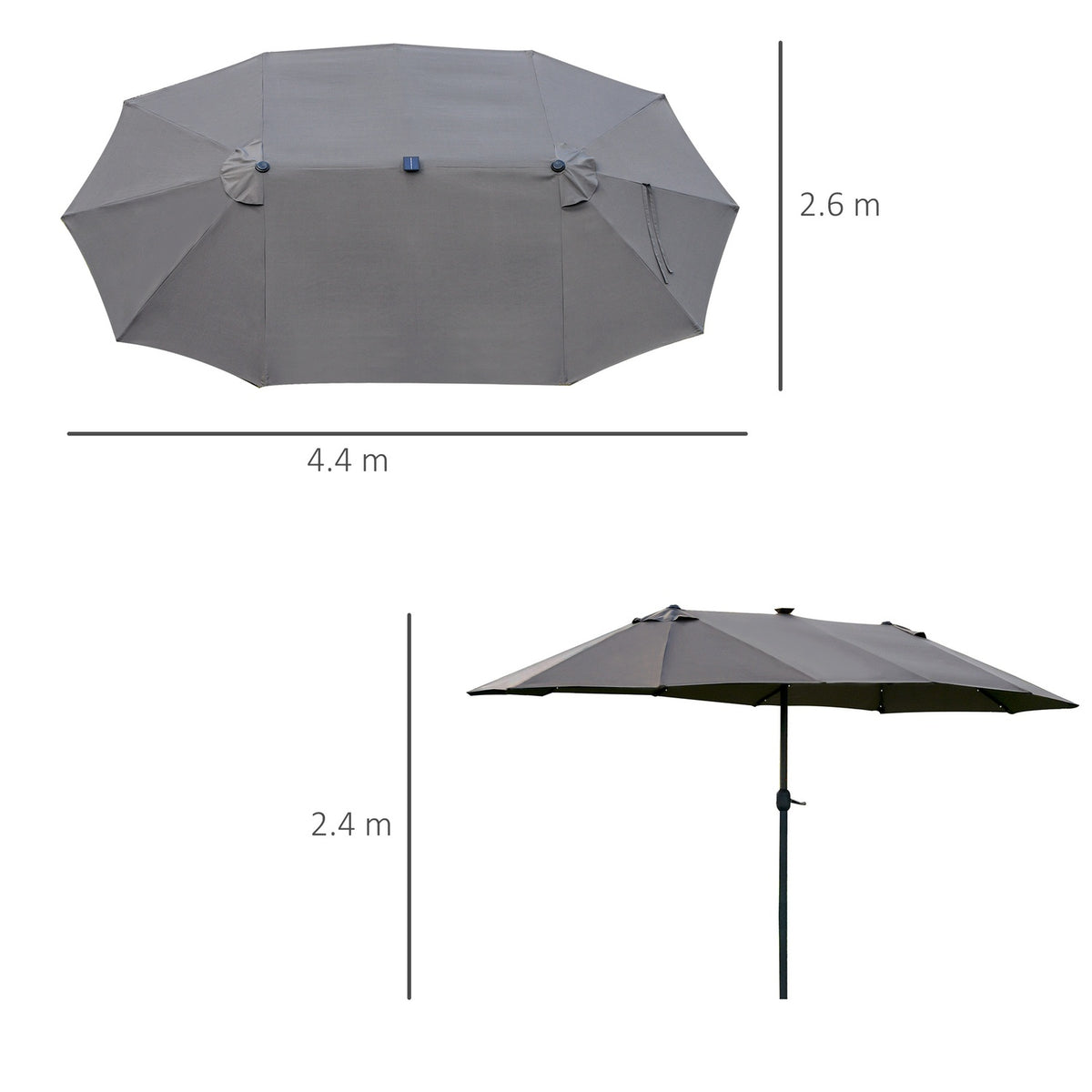 Led Double Parasol Large Garden Umbrella 440X260Cm, Hand Crank, Oval, Metal, Dark Gray