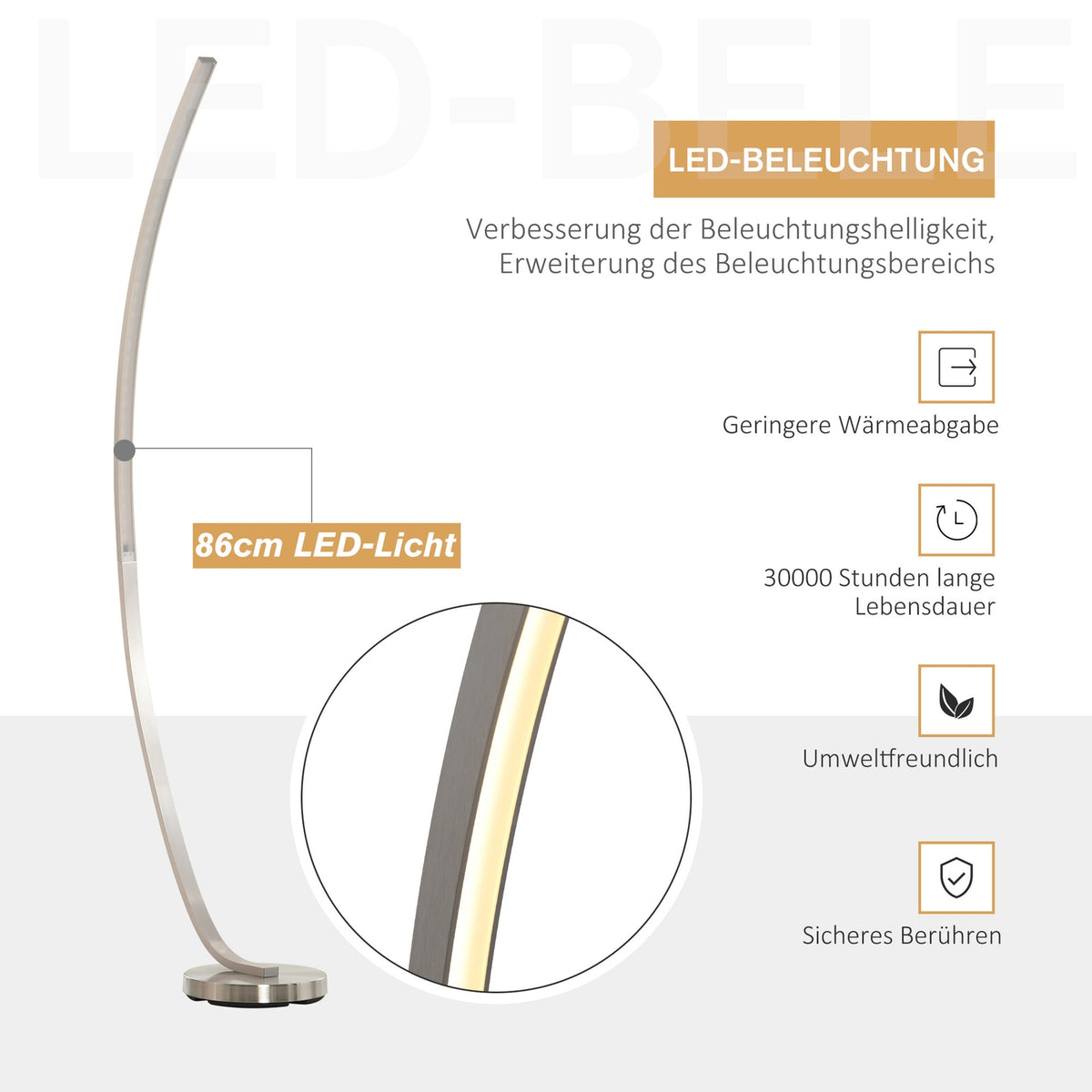 Led Floor Lamp Curve Shape Warm White Aluminum 50X23X149Cm
