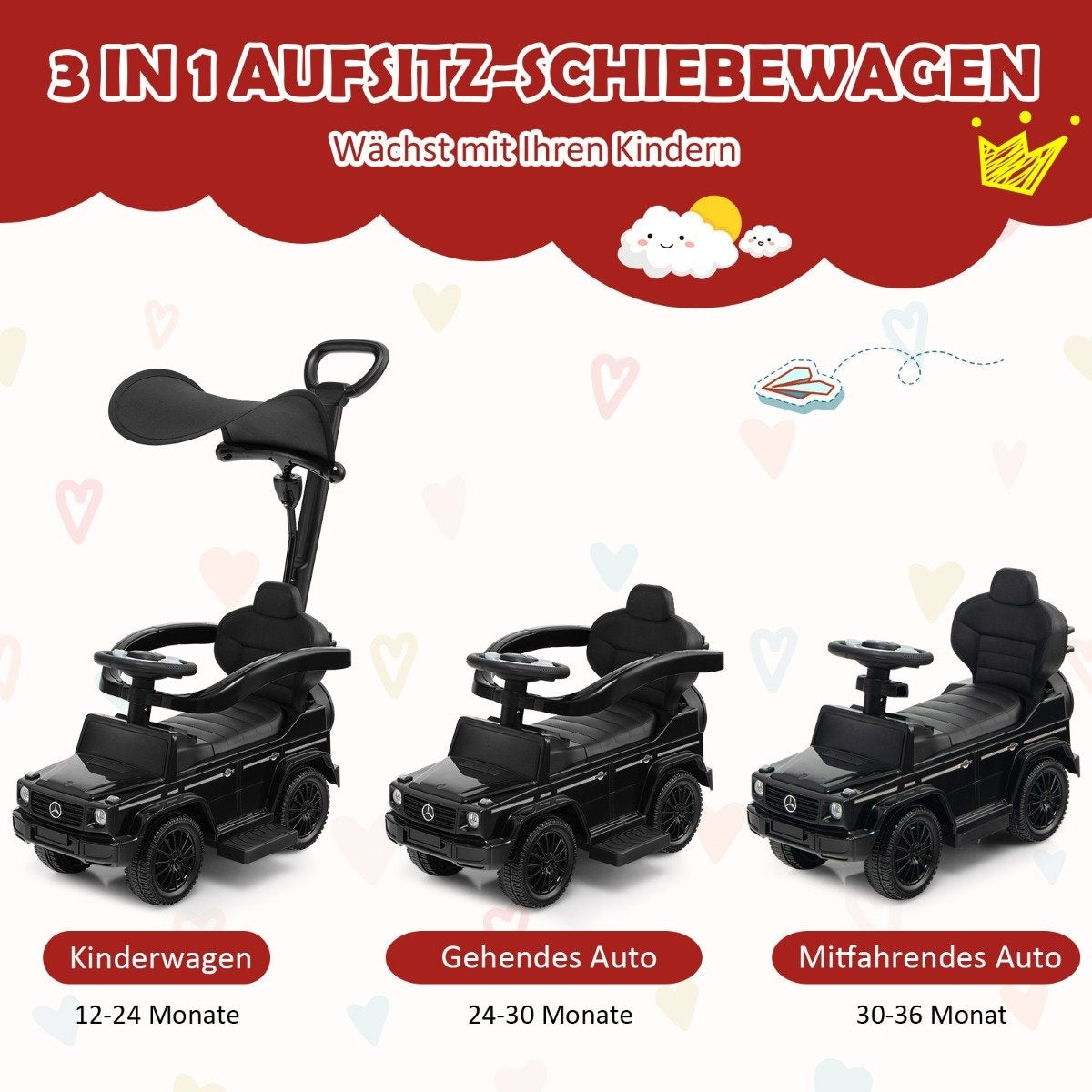 Licensed Mercedes Benz children's vehicle with adjustable sunroof &amp; Parent handle stroller black