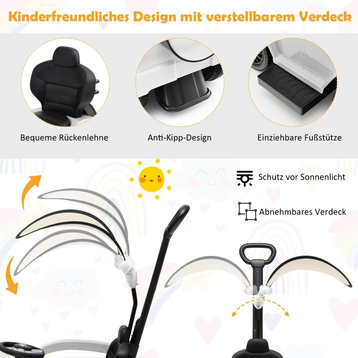 Licensed Mercedes Benz children's vehicle with adjustable sunroof &amp; Parent handle stroller white