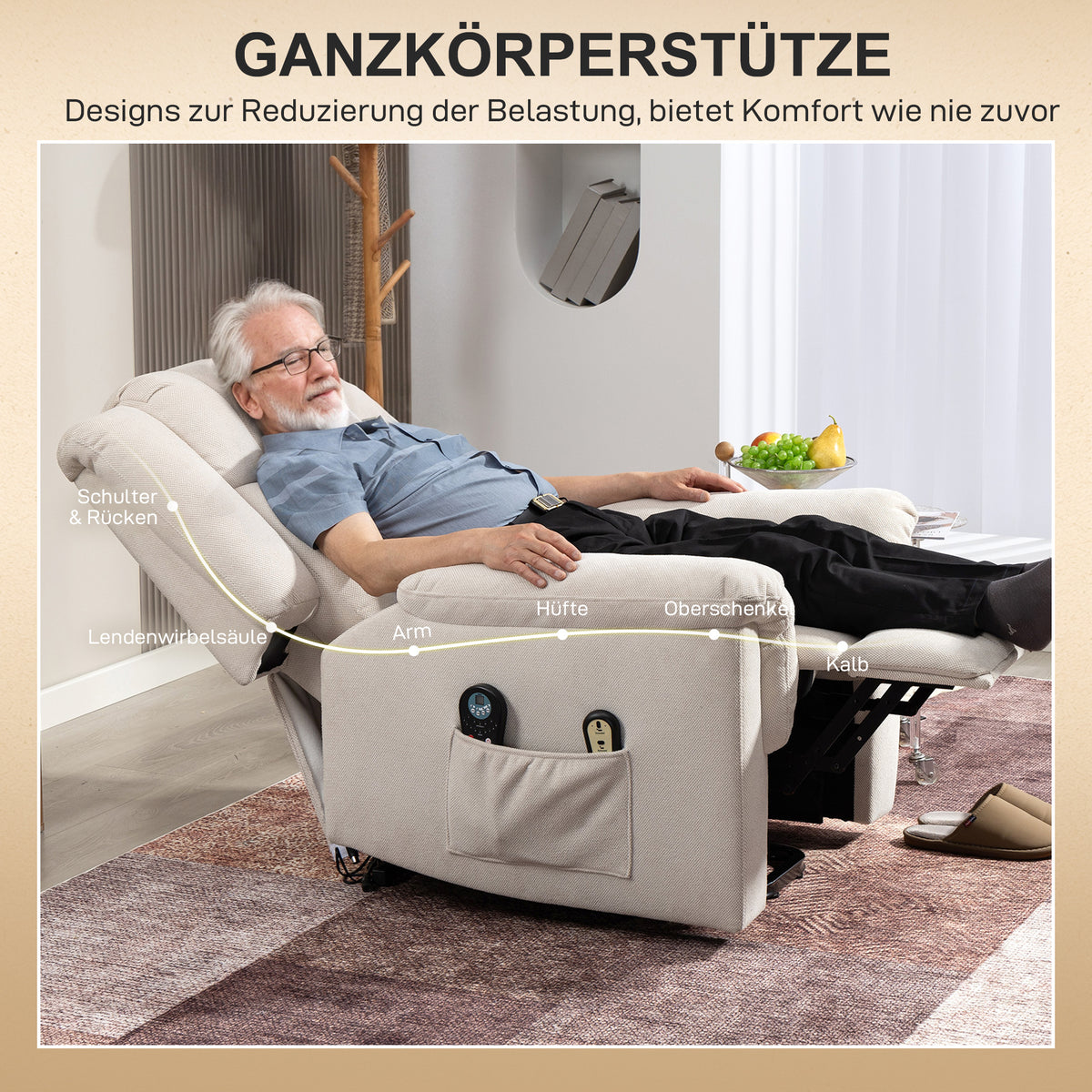 Lift Chair with Massage and Heat, Beige Chenille Fabric