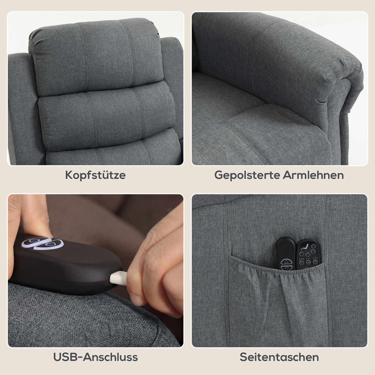 Lift Recliner Chair with Massage, Heat, Linen Look, Gray