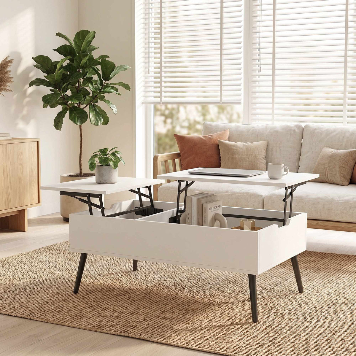 Lift-Top Coffee Table With Hidden Storage, 100 x 50 cm, White