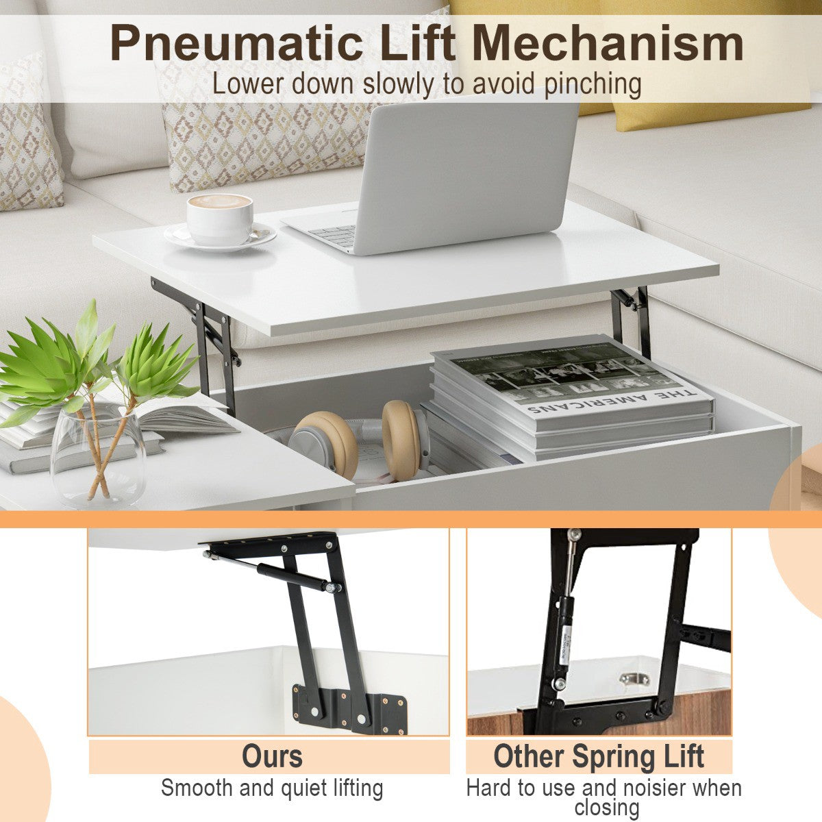 Lift-Top Coffee Table With Storage, Pneumatic Gas Lift