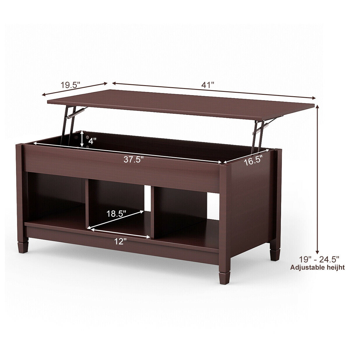 Lift-Top Coffee Table with Hidden Storage, 3 Shelves