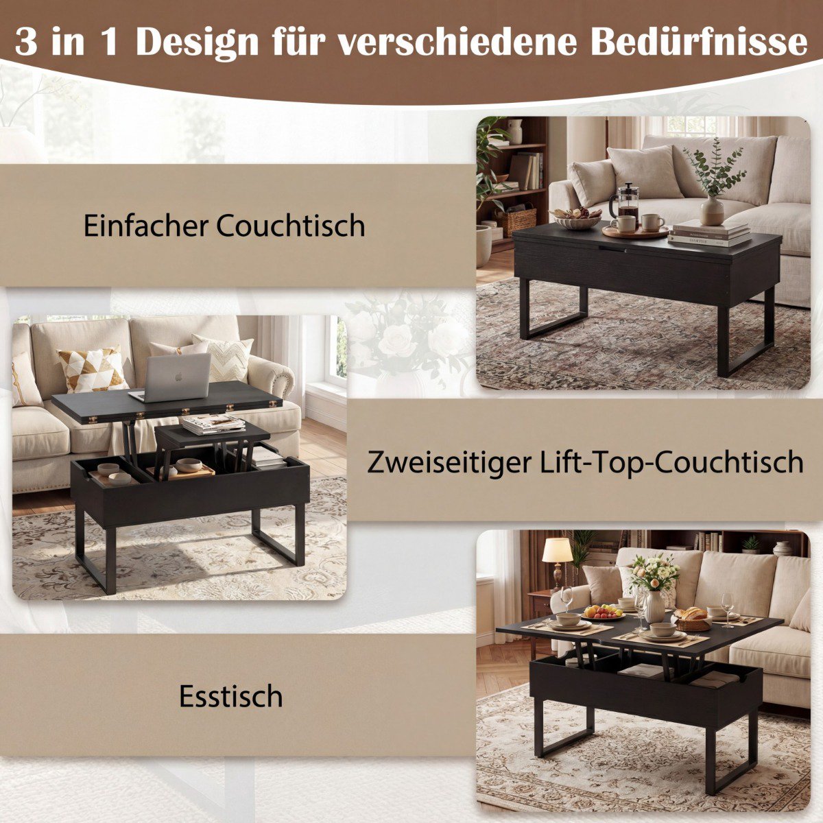 Lift-Top Coffee Table with Hidden Storage, Black, 3-in-1 Design