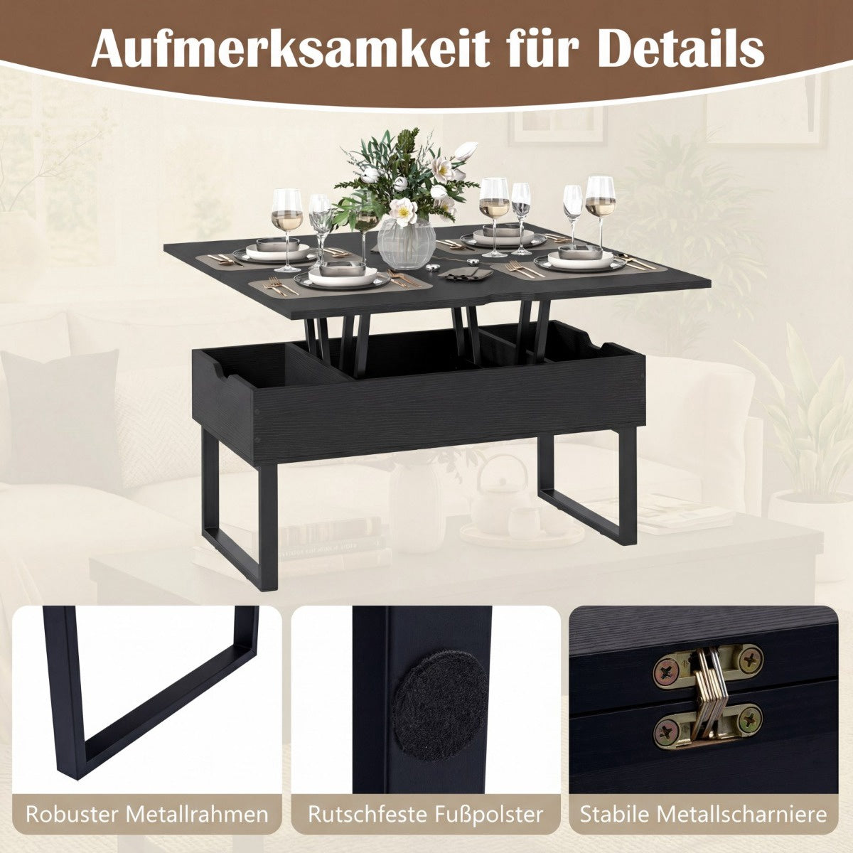 Lift-Top Coffee Table with Hidden Storage, Black, 3-in-1 Design