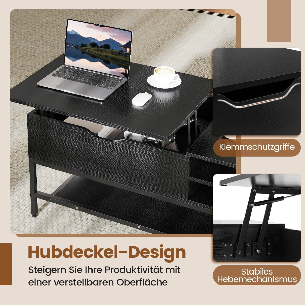 Lift-Top Coffee Table with Hidden Storage, Black Wood