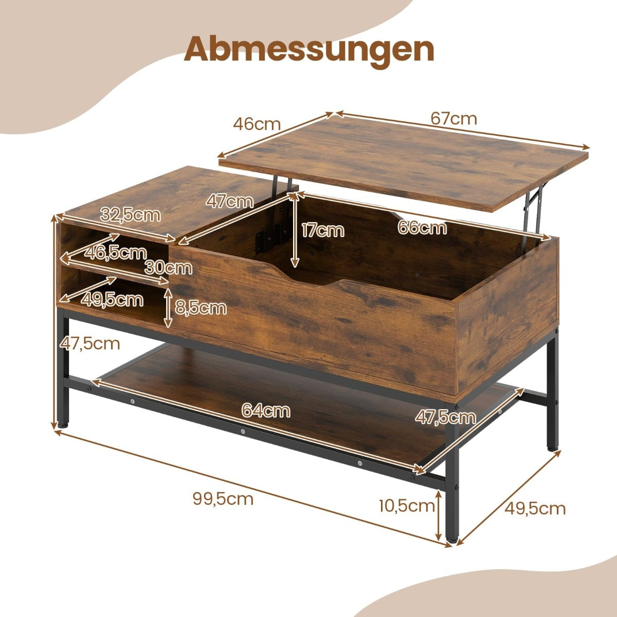 Lift-Top Coffee Table with Hidden Storage, Brown Wood