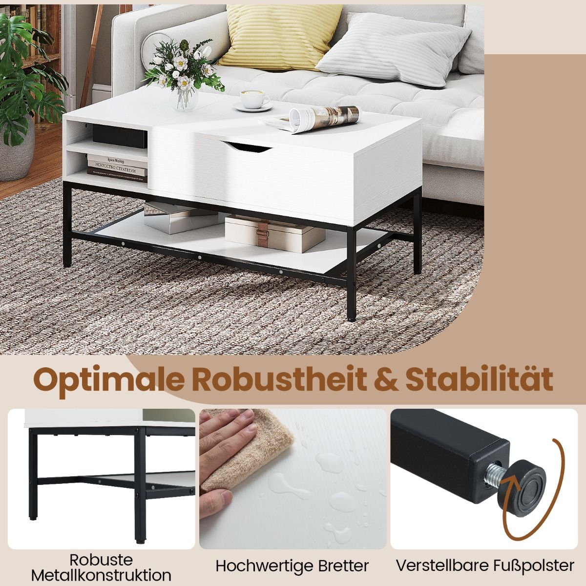 Lift-Top Coffee Table with Hidden Storage, White Wood