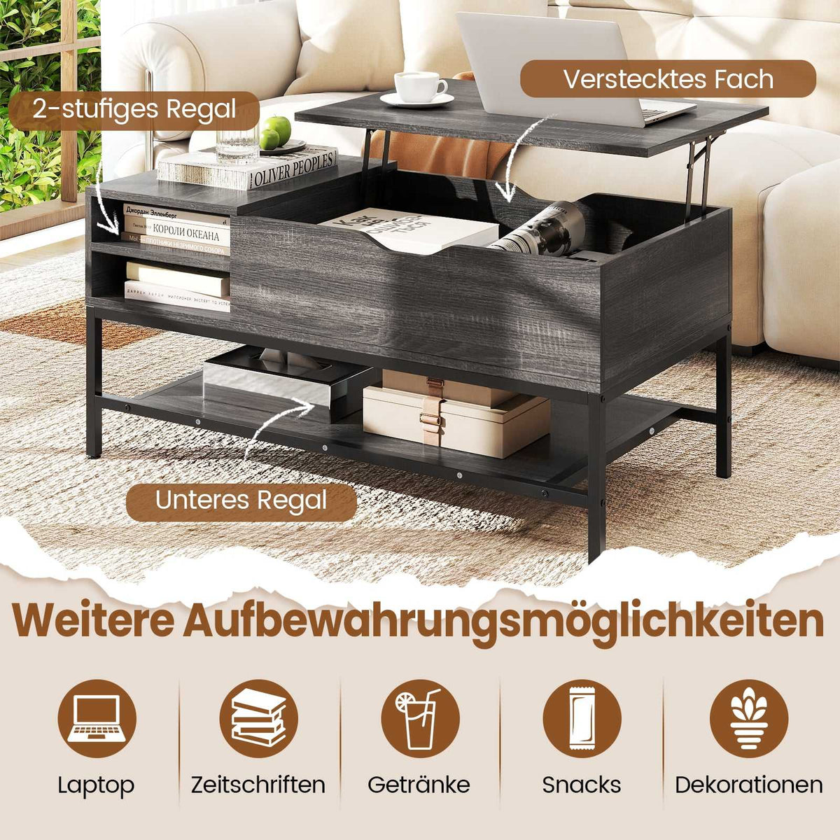 Lift-Top Coffee Table with Storage, Adjustable Height, Gray