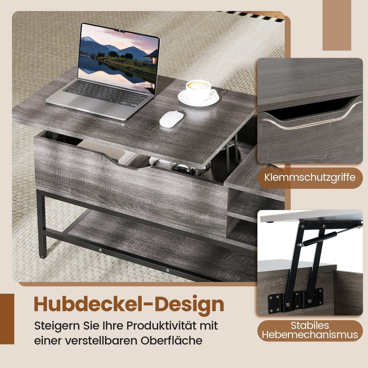 Lift-Top Coffee Table with Storage, Adjustable Height, Gray